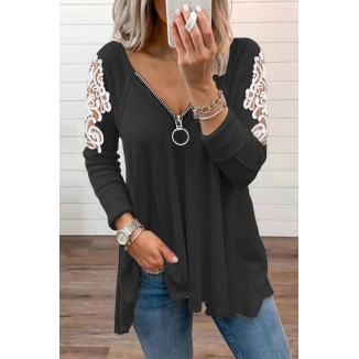 Casual Patchwork Lace Zipper V Neck Tops(4 Colors)