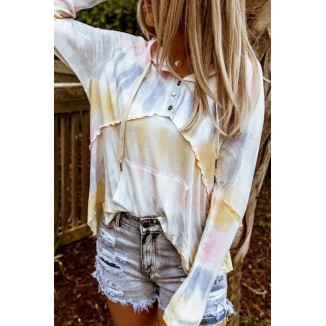 Casual Patchwork Tie-dye Hooded Collar Tops