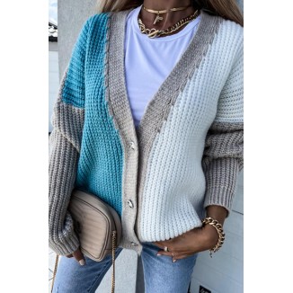 Casual Patchwork Buckle Contrast V Neck Outerwear Sweater(4 Colors)