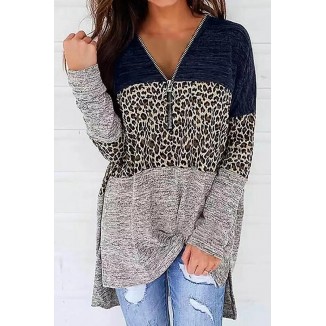 Casual Leopard Patchwork Zipper V Neck Tops(3 Colors)