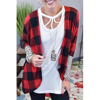 Casual Plaid Striped Split Joint  Contrast Tops