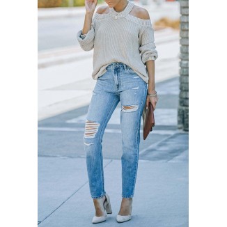 Fashion Casual Solid Ripped Denim Jeans