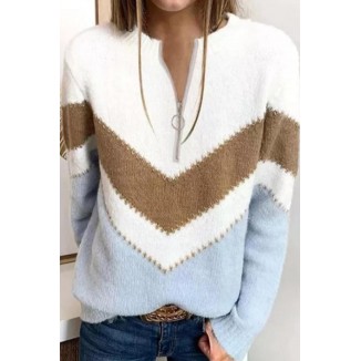 Casual Patchwork  Contrast Zipper Zipper Collar Tops Sweater